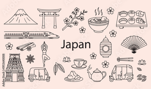 Japan culture and national icons set, hand drawn Japanese travel sketches, Japan culture icon collection for design, minimalist architecture vector graphics, Asian elements for branding, Japan travel 