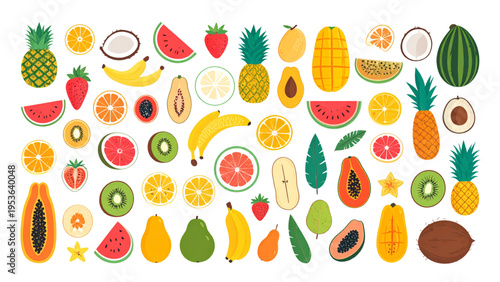 Tropical Fresh Fruit Collection Pineapple Mango Watermelon Flat Vector Set