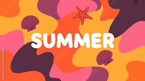 Colorful summer background with seashells and starfish  vibrant beach theme