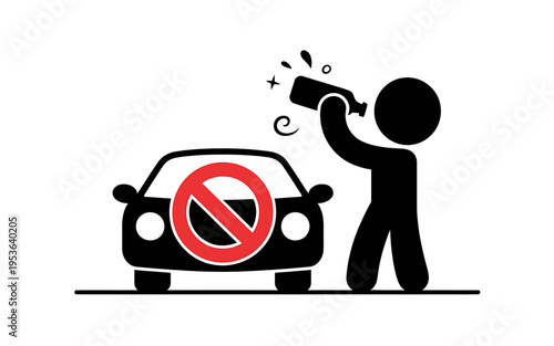 Stick figure drinking and driving illustration with prohibited sign on car  safety concept