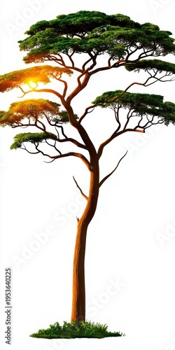 Stylized Acacia Tree Illustration with Golden Sunset Glow Isolated on White