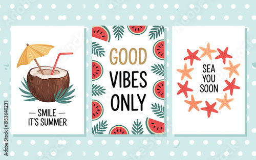 Summer vacation posters with good vibes and tropical designs for holiday decoration