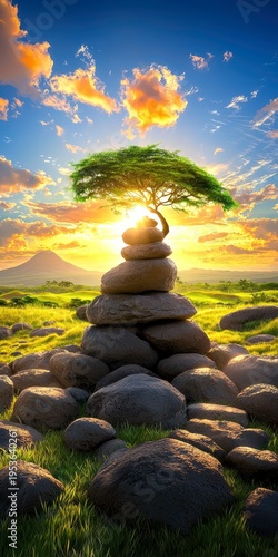 Serene Zen Stone Cairn with Bonsai Tree at Golden Hour Sunset in Lush Landscape