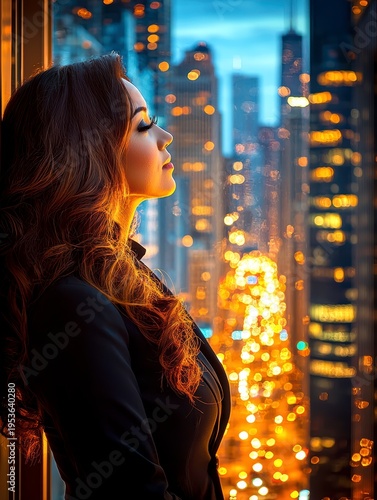 Contemplative Woman Gazing at City Lights Through Window at Night