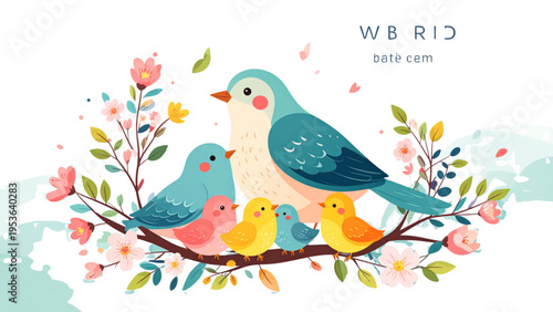 Cute Bird Family Cartoon Characters Flat Vector Illustration Set