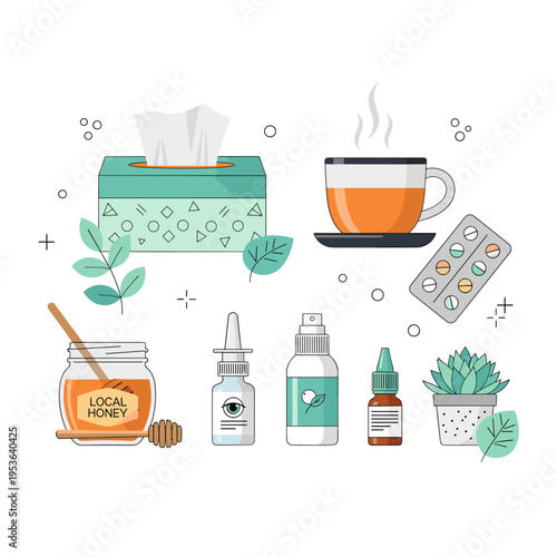 Modern Flat Lay Illustration of Allergy Season Essentials