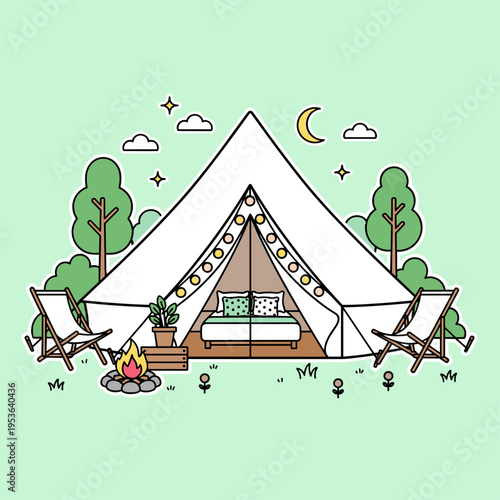 Flat Vector Luxury Glamping Tent Scene