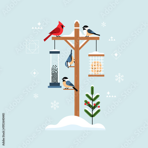 Modern Flat Vector Illustration of a Winter Bird Feeding Station