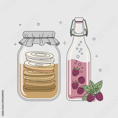 Flat Vector Illustration of Kombucha Fermentation Jars