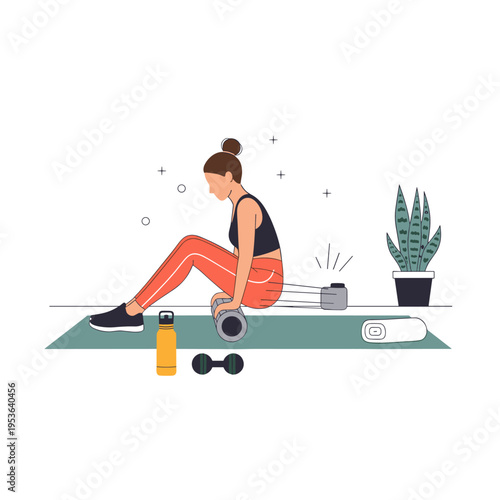 Flat Vector Illustration of a Post-Workout Foam Rolling Routine