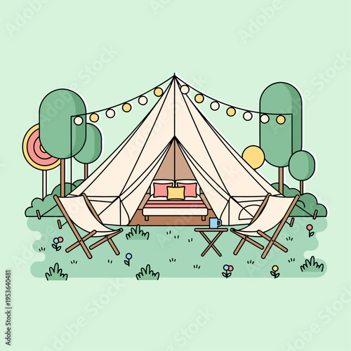 Flat Vector Spring Glamping Luxury Tent Scene