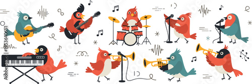 Set of Colorful Cartoon Birds Playing Musical Instruments Like Guitar, Trumpet, Drums, and Piano with Musical Notes and Sound Waves