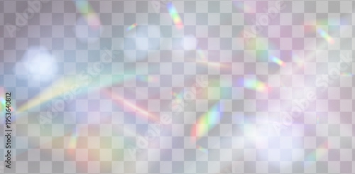 Radiant light flare with rainbow prism effects and crystal reflections on transparent background. Vector realistic brilliant sunlight beams, holographic glass textures with sparkling light overlay.