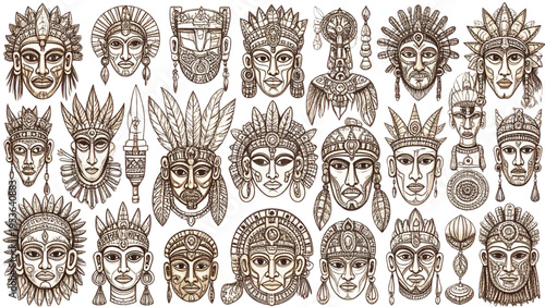 Mayan and Aztec Tribal Mask Line Art Vector Set with Calendar Symbols