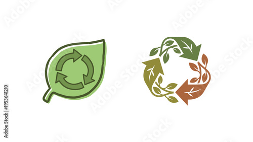 Collection of stylized eco-friendly recycling symbols with organic leaf and branch designs, representing sustainability, environmental conservation, and renewable practices