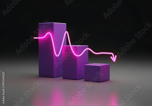 Purple 3D bars with pink neon line graph trending down  business finance statistics concept