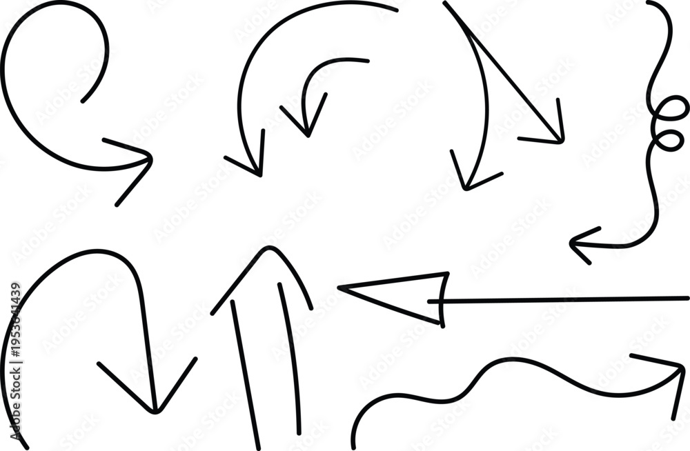 Fototapeta premium Arrows, Various Curved and Straight Black Hand-Drawn Arrows on White Background, Simple Illustration featuring black arrows, curved arrows, straight