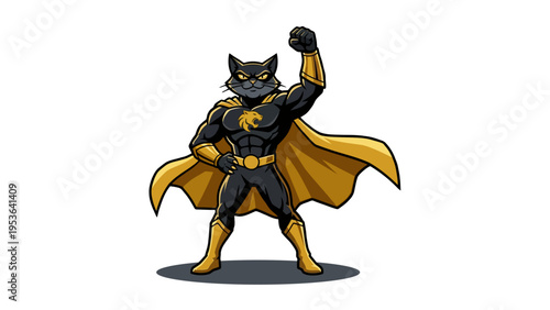 Dynamic cartoon illustration of a powerful black cat superhero flexing its muscles with a raised fist, embodying courage and strength in a bold golden and black costume