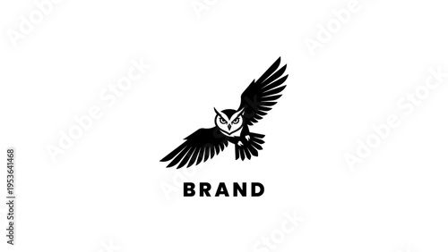 Minimalist black and white logo featuring a powerful owl in flight with the word BRAND below it