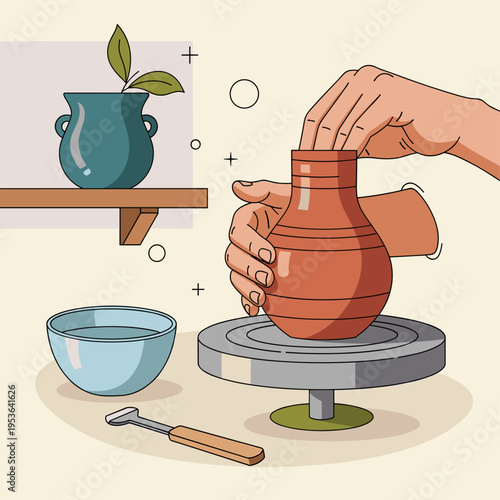 Flat Vector Illustration of Hands Crafting Pottery on a Wheel