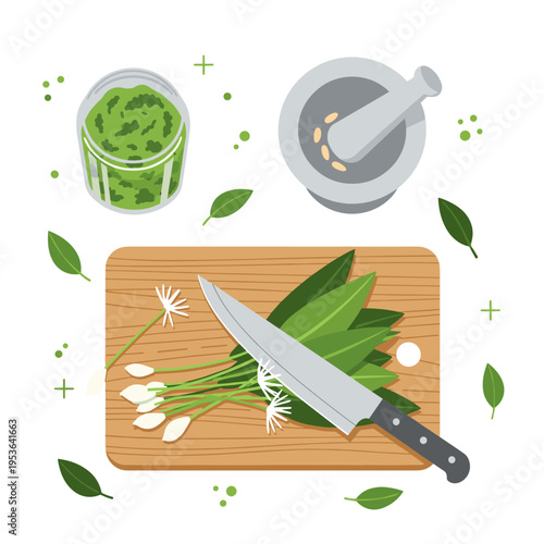 Flat Vector Illustration of Wild Garlic Pesto Preparation