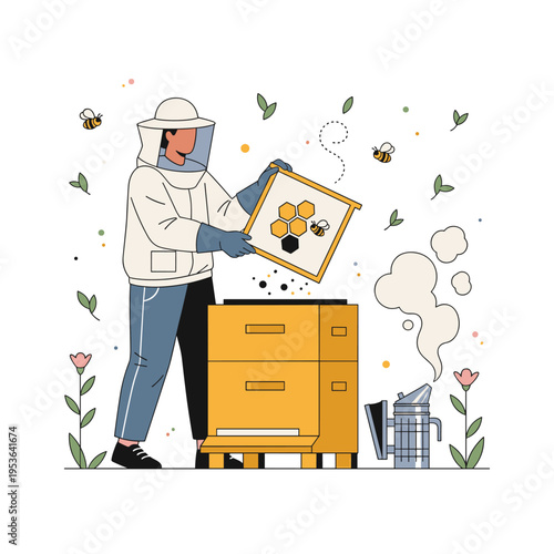Flat Vector Illustration of Beekeeper Inspecting Honeycomb Hive