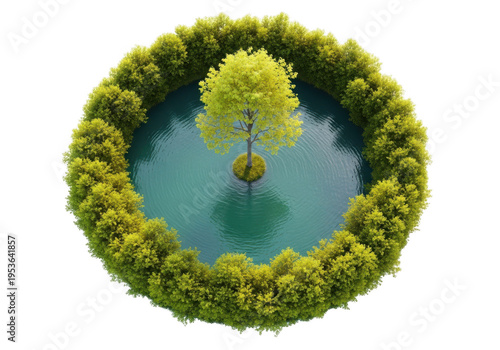 Tree in circular pond surrounded by forest isolated on transparent background