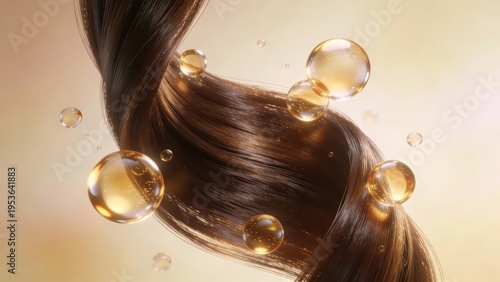 Dark brown wavy hair interweaves with golden nourishing liquid bubbles, delicately showing the deep nourishment and glossy texture of hair care, making it a material image suitable for hair, hair qual