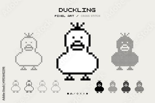 Pixel Art Duckling Illustration 8 Bit Cross stitch Cute Baby Duck Cottagecore Retro Pixelated Animal vector sign symbol Abstract Simple Geometric Handcraft Element Monochrome Black and White cozy aest