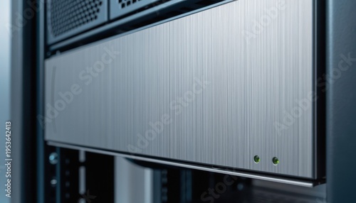 Clean brushed metal faceplate of a server blade with two green status LEDs and no identifying marks or text.