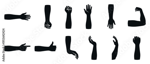 Black human arms and hands silhouettes in various gestures, including open palms, clenched fists, pointing fingers, and thumbs up, presented in a graphic, illustrative style