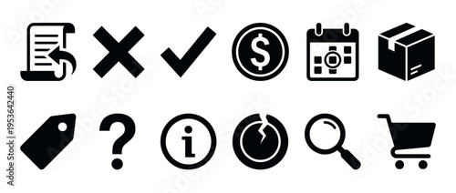 Twelve black silhouette vector icons representing various e-commerce, information, and action concepts, presented in a clean, modern, and flat design style with clear shapes