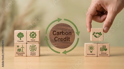 Carbon credit concept with green renewal cycle and sustainability icons.