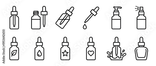 Twelve black outline cosmetic dropper bottle icons, including pump and spray bottles, with various symbols like a leaf, drop, star, and heart, presented in a clean, minimalist line art style