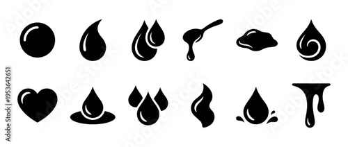 Twelve black silhouette liquid drop and splash icons are displayed, featuring various shapes like teardrops, puddles, and a heart, all with glossy highlights in a graphic, minimalist style