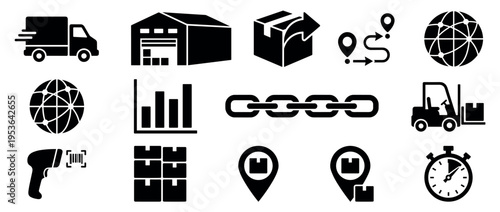 Comprehensive set of black logistics and delivery icons depicting various elements of supply chain management, shipping, and global transportation in a modern, flat style