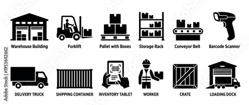 Comprehensive collection of black silhouette logistics icons depicting various elements of warehouse operations, shipping, and supply chain management in a modern, flat graphic style