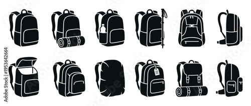 Various black silhouette backpack icons are displayed in a collection, showcasing diverse designs, practical features, and accessories for outdoor activities