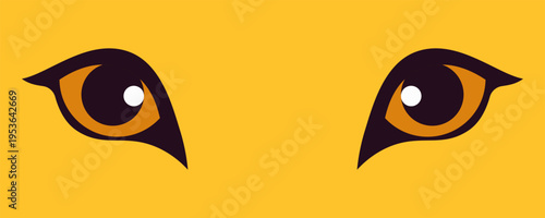 Fierce big cat eyes with bright orange irises on a vibrant yellow background, abstract vector illustration