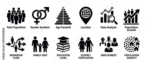 These black and white demographic population icons illustrate various societal statistics and human characteristics in a clear, illustrative vector style