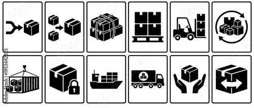 Twelve black and white logistics icons illustrate various aspects of shipping and delivery processes, presented in a clean, graphic style