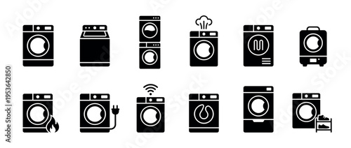 Twelve black glyph icons of washing machines and dryers, showcasing different types, features, and functions in a clean, modern illustration style