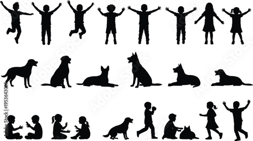 Vector illustration of children and dogs in playful silhouettes showing companionship, joy, and interaction