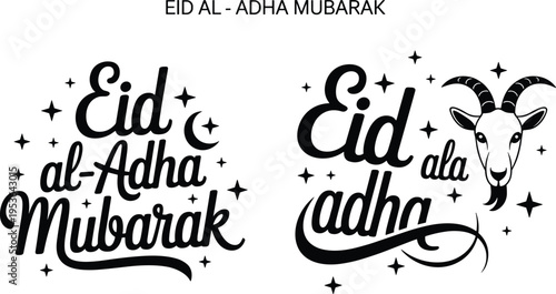 Black and white Eid al-Adha Mubarak graphic design featuring crescent moon, stars, and goat head illustration symbolizing Islamic sacrifice, celebration, and cultural tradition