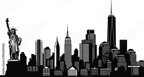 “Black and white silhouette illustration of New York City skyline featuring Statue of Liberty, iconic skyscrapers, urban architecture, American culture, history, and national landmark”