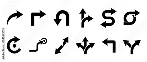 Collection of diverse black arrow icons showcasing various directions, turns, loops, and splits in a clean, minimalist graphic style