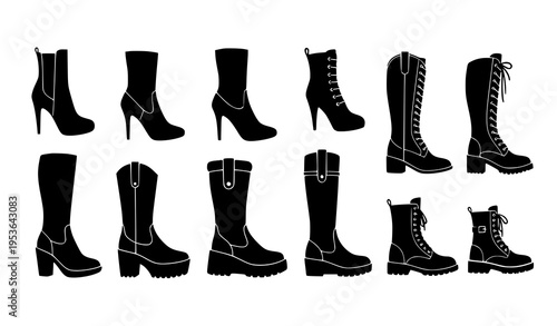 Fashion boots silhouette icon set with ankle knee high combat and cowboy shoes vector collection