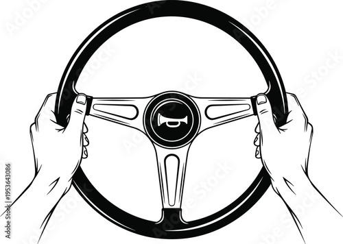 Black and white vector illustration of hands gripping car steering wheel at nine and three o’clock positions, safe driving posture, automotive design, transportation, and road safety concept