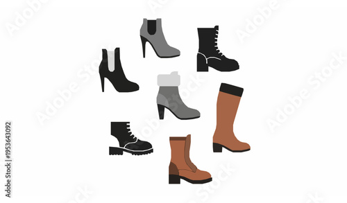 Stylish fashion boots icons with ankle heel winter and combat shoes flat vector silhouette collection