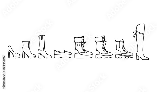 Minimal fashion boots outline icons with high heel winter and knee high shoes vector silhouette set